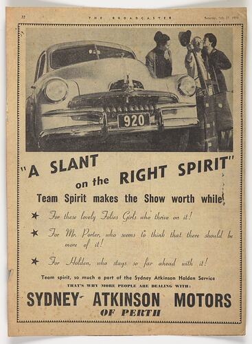 Newspaper Advertisement - Holden Cars at Sydney-Atkinson Motors, Perth, The Broadcaster, 17 Jul 1954, Obverse