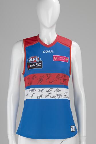 Sleeveless blue football jumper with red and white horizontal stripes. Autographs in black.
