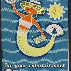 Blue cover with yellow-tailed mermaid holding quoit and boardgame. Sun above, horserider, dog, frog below.