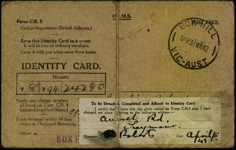 Identity Card - Amelia Roberts, Seymour, Victoria, 31 Mar 1942