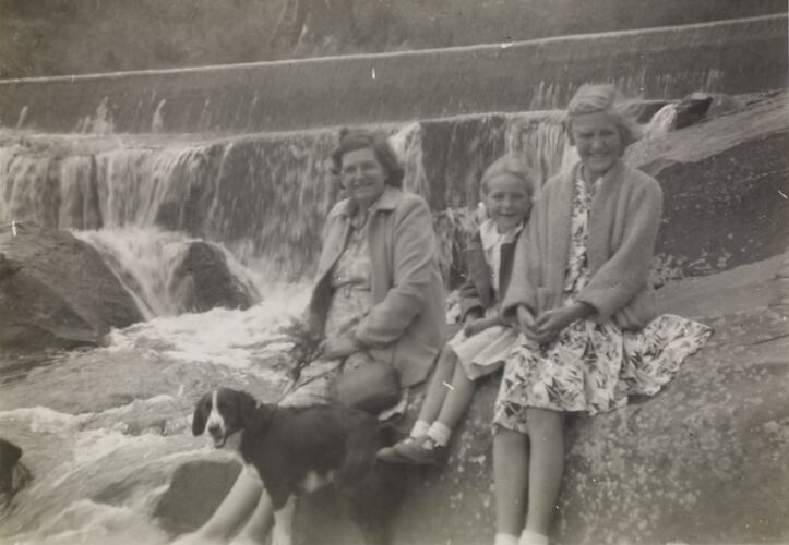 Scouter (dog), Lucy, Merle, Hazel Hathaway on holiday, 1950s