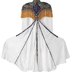 White costume cloak with gold and coloured detailed top section. Flared.