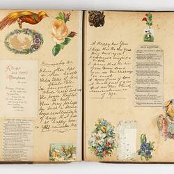 Open scrapbook showing 2 pages of inscriptions and illustrations of portraits, birds and mostly floral motifs.