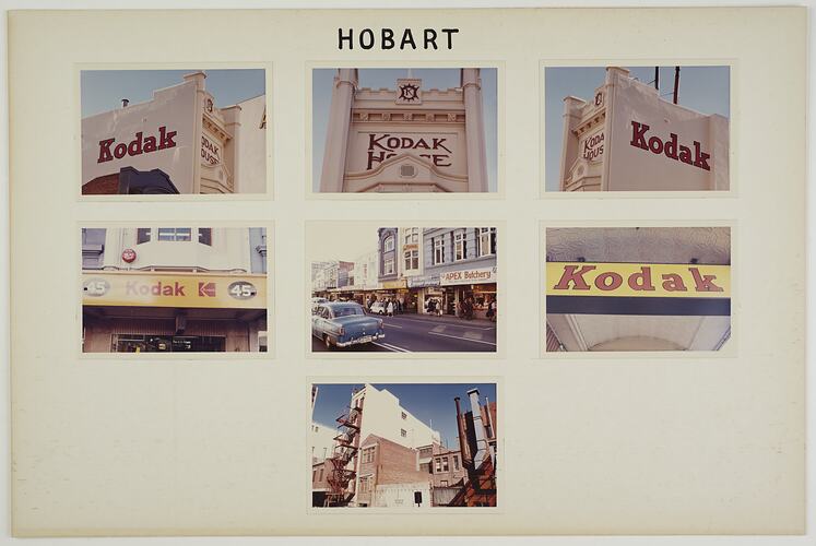 White cardboard poster with seven photographs of shop exteriors and signage.