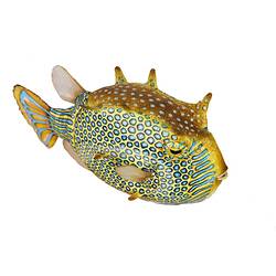 Model of yellow fish with blue spots and stripes.