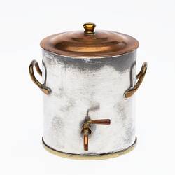 Miniature coffee urn made from silver and copper. Brass handles on side, Copper lid with knob and tap at front