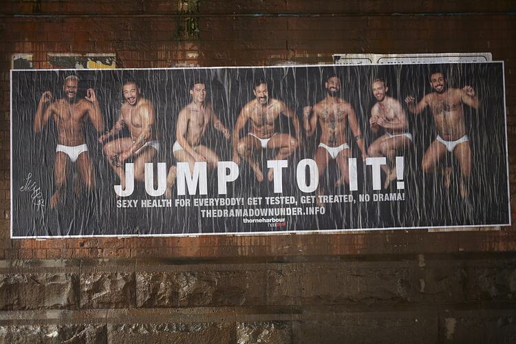 Poster, 'Jump To It, Get Tested...', Flinders Street, Melbourne, Jul 2020