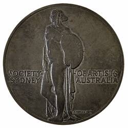 Medal, round, woman standing naked with some drapery holds pallet and paintbrush. Text inscription.