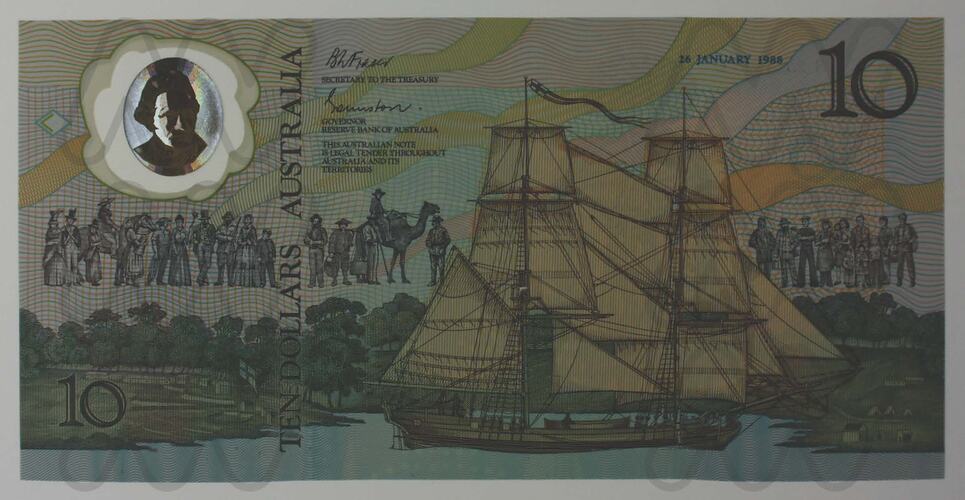 Green and yellow polymer Australian 10 dollar note. Has sailing ship near land with row of people above it.