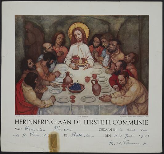 Certificate - First Holy Communion, Hendrika Perdon, Rotterdam, The Netherlands, 11 Jul 1945