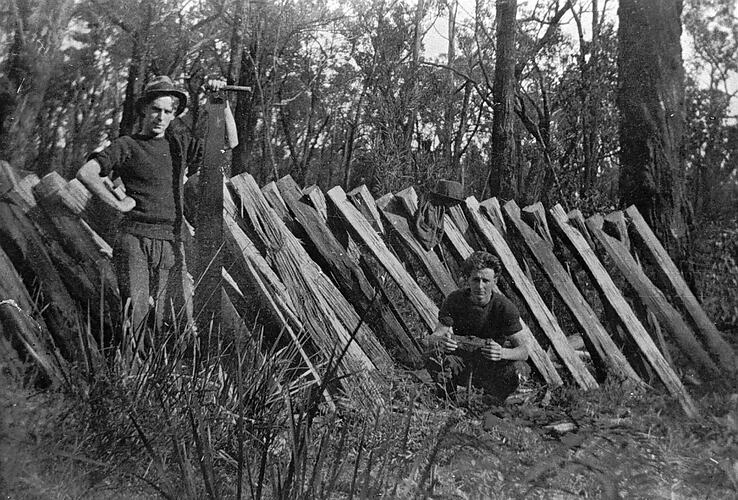 [Men cutting fence posts, Timboon, about 1920.]