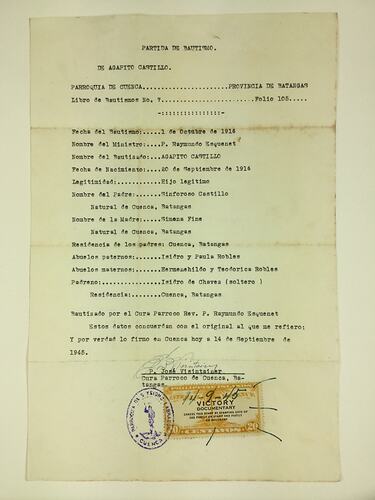 HT 57762, Baptism Certificate - Agapito Castillo, Cuenca Batangas, Philippines, 14 Sep 1945 (MIGRATION), Document, Registered