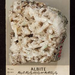 Rock made of many columnar white crystals with dark flecks.