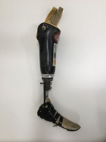 Metal and plastic lower leg prosthetic. Right profile.