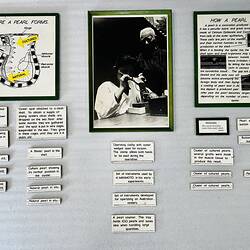 Twenty one white labels of varying size with black text and graphics