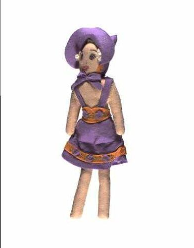 Front view of felt girl doll wearing purple dress and hat.