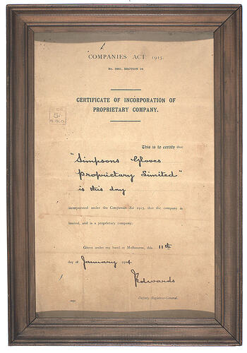 Framed certificate of Simpson's gloves incorporation