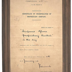 Certificate - Incorporation, Simpson's Gloves, Richmond, Victoria, Framed, 1924