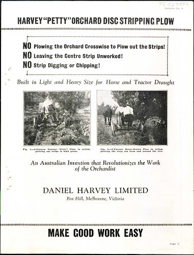 White page with black printed text and two images of a man operationg a plough.