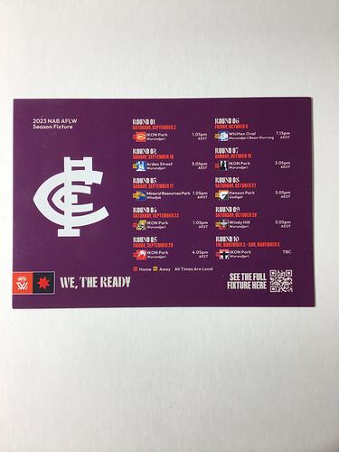 Maroon fixture card with white and red printed text.