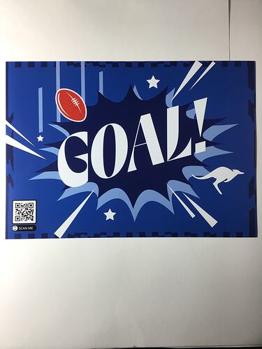 Blue poster with white printed text and red football.
