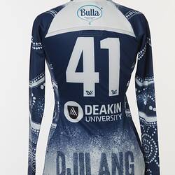 Back of women's AFLW guernsey with Indigenous pattern in navy and white. Lined and dotted design. Number 41.