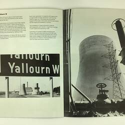 Open booklet. Black and white image of a cooling tower.