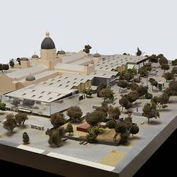 Architectural model of Royal Exhibition Building, Carlton Gardens with fountains, carpark and annexes.