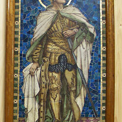 Tiled mosaic of a knight with sword. Blue background. Detail.