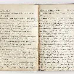 Open book, white pages with handwritten text and drawings of farming equipment.