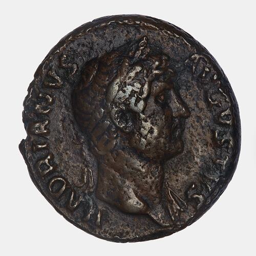 Round coin with wreathed male head facing right. Text around.