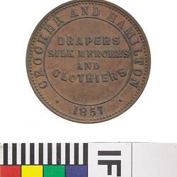 Token - Halfpenny, Crocker & Hamilton, Drapers & Clothiers, Adelaide, South Australia, Australia, 1857