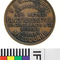 Token - 1 Penny, S.& S. Lazarus, Stationery & Fancy Goods Merchants, Melbourne, Victoria, Australia, circa 1858