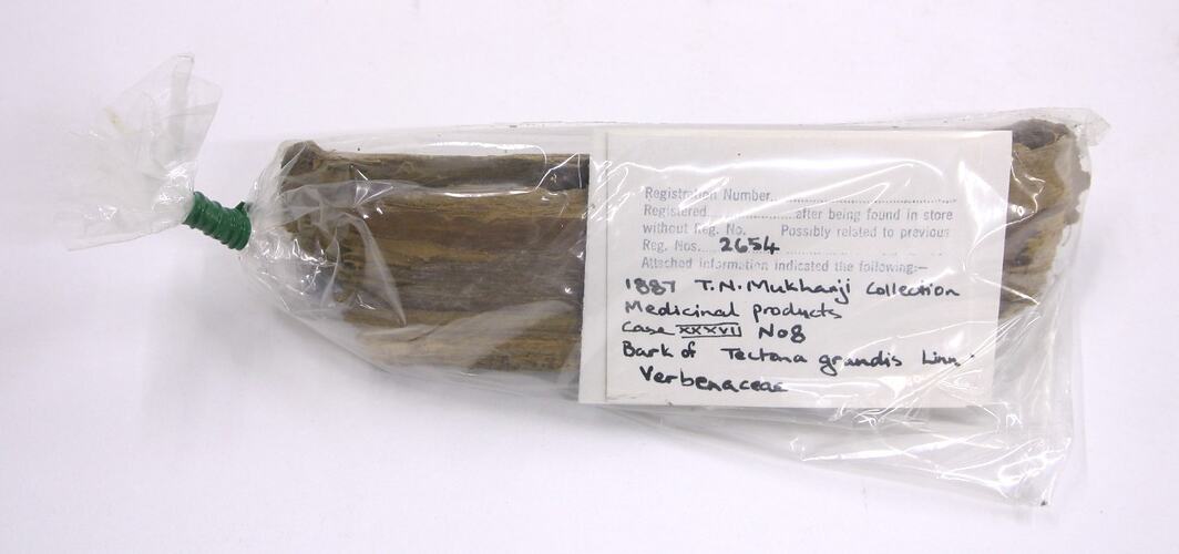 Sample of bark sealed in a clear plastic bag.
