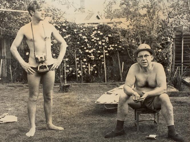 Digital Photograph - Two Men in Swimming Costumes, One with Camera, Caulfield, 1968