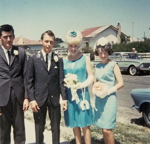 Digital Photograph - Bride, Groom, Bridesmaid & Groomsman on Wedding Day, Noble Park, 1965