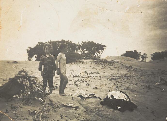 Digital Photograph - Boy & Girl in Underclothes or Swimming Costumes on Sand Dunes, Saint Margaret Island, circa 1910