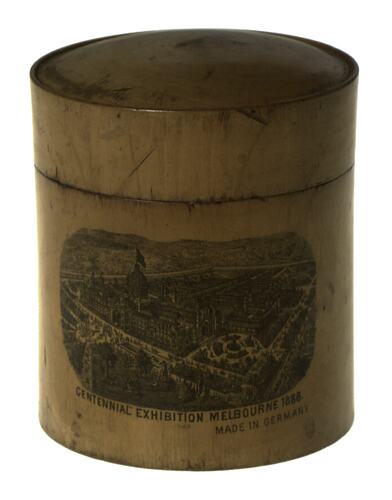 Wooden box featuring Melbourne Centennial International Exhibition.