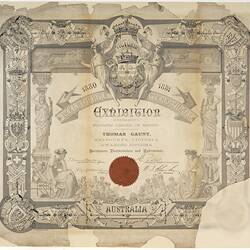Certificate for Melbourne International Exhibition 1880-1881