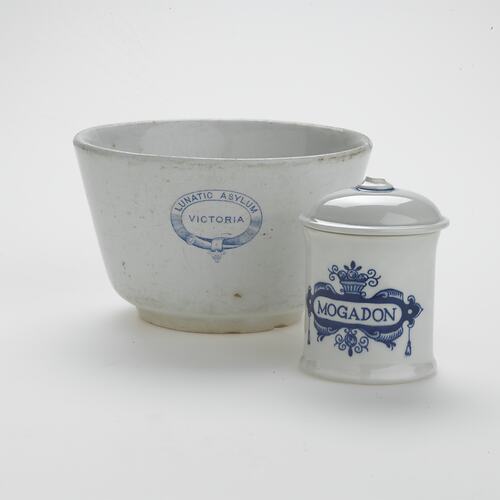 White china bowl and container with blue patterns.