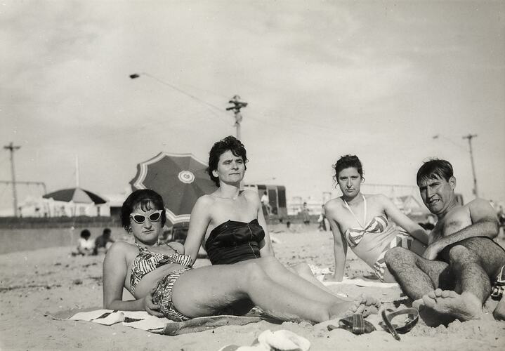 Three Women & a Man Lying on Beach, Albert Park Beach, late 1950s