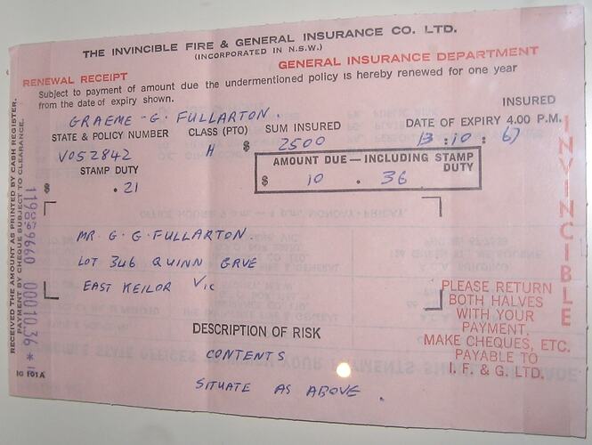 Receipts - Insurance Policy Payment, The Invincible Fire & General Insurance Co. Ltd, Mr Graeme Fullarton, 13 October 1967