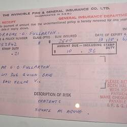 Receipts - Insurance Policy Payment, The Invincible Fire & General Insurance Co. Ltd, Mr Graeme Fullarton, 13 Oct 1967