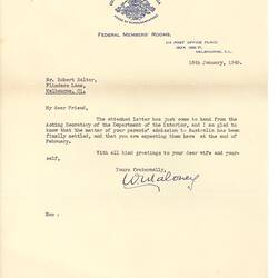Letter - Federal Members' Rooms to Robert Salter, 16th Jan 1940