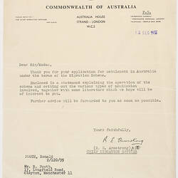 Letter - Response to Enquiry about Immigration to Australia, 1955