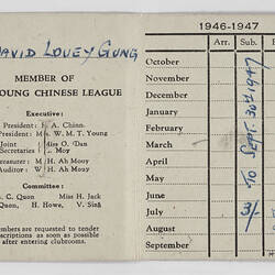 Membership Card - Issued to Samuel Louey Gung, The Young Chinese League, 1946-1947