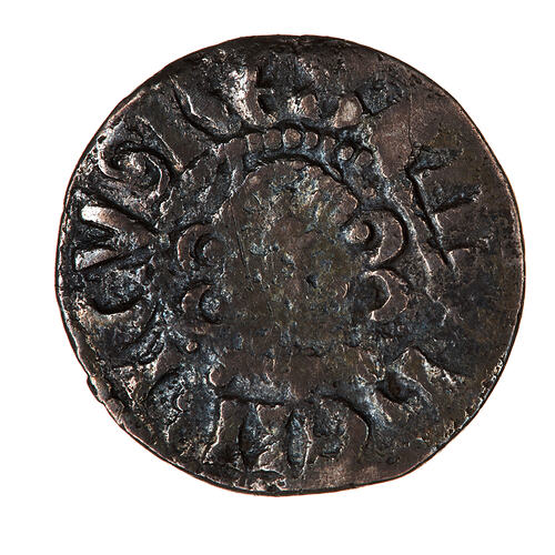 Coin, round, crowned bust of the King facing within a beaded circle, holding a sceptre; around; HENRICVS REX.