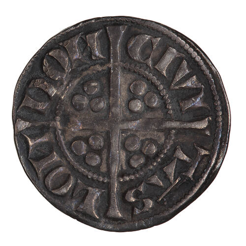 Coin, round, long cross with three beads in the angles; around outside a circle of beads, CIVI TAS LON DON.