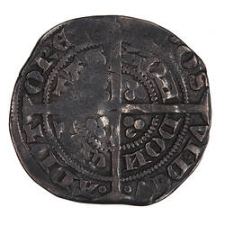 Coin, round, long cross pattee with three pellets in each angle; text around in two concentric circles.