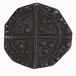 Coin, round, long cross pattee; outer and tops of inner legend removed by clipping.